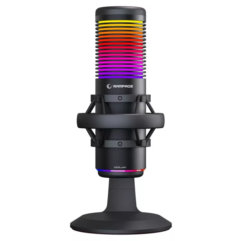 Rampage Bemol RGB USB-C stalinis mikrofonas su amortizuojančiu laikikliu, juodas