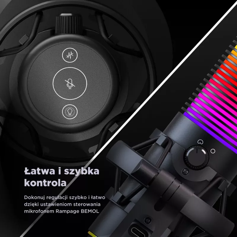 Rampage Bemol RGB USB-C stalinis mikrofonas su amortizuojančiu laikikliu, juodas
