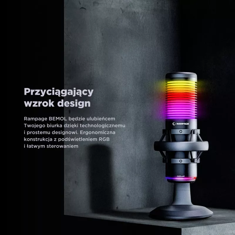 Rampage Bemol RGB USB-C stalinis mikrofonas su amortizuojančiu laikikliu, juodas