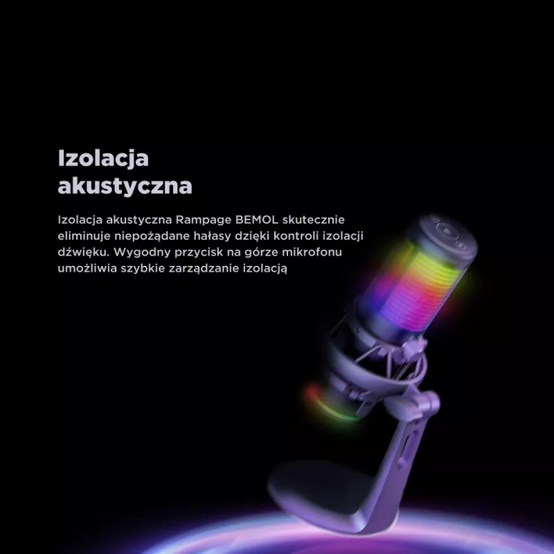 Rampage Bemol RGB USB-C stalinis mikrofonas su amortizuojančiu laikikliu, juodas