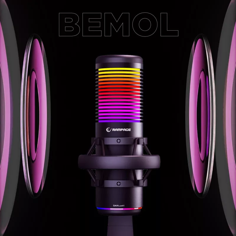 Rampage Bemol RGB USB-C stalinis mikrofonas su amortizuojančiu laikikliu, juodas