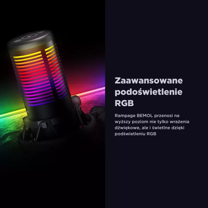 Rampage Bemol RGB USB-C stalinis mikrofonas su amortizuojančiu laikikliu, juodas