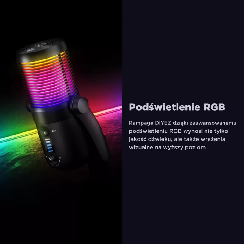 Rampage Diyez RGB USB-C stalinis mikrofonas su garso lygio indikatoriumi, juodas