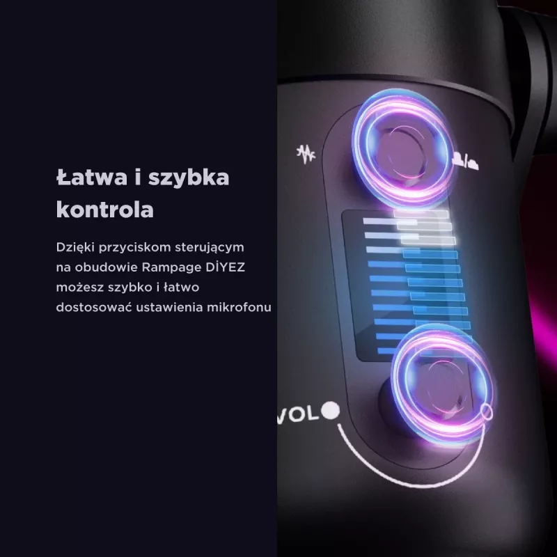 Rampage Diyez RGB USB-C stalinis mikrofonas su garso lygio indikatoriumi, juodas