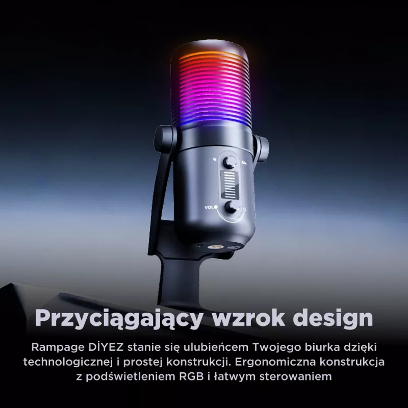 Rampage Diyez RGB USB-C stalinis mikrofonas su garso lygio indikatoriumi, juodas