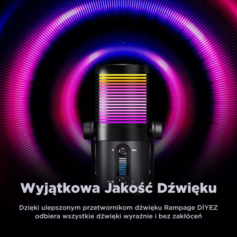 Rampage Diyez RGB USB-C stalinis mikrofonas su garso lygio indikatoriumi, juodas