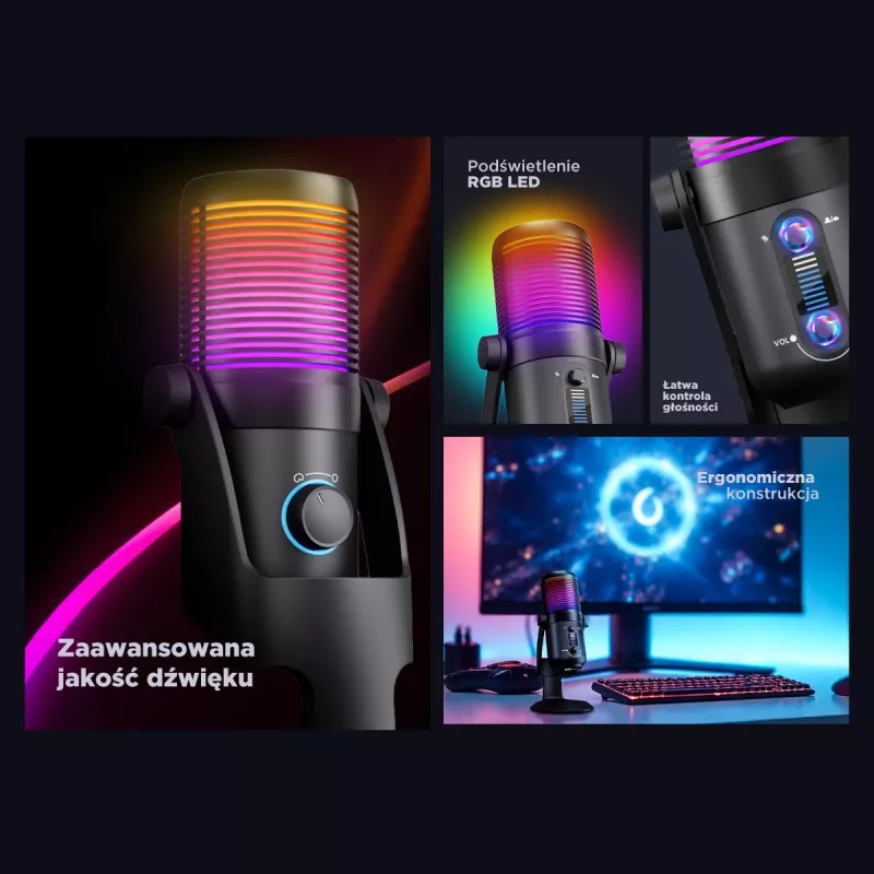 Rampage Diyez RGB USB-C stalinis mikrofonas su garso lygio indikatoriumi, juodas