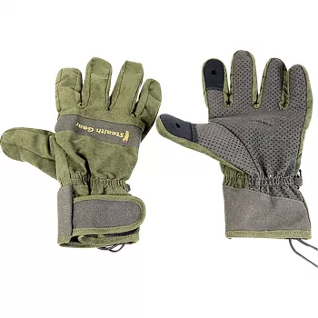 STEALTH GEAR Gloves Size M - Juodos, su užlenkiamais antpirščiais, lietimui pritaikytos, vėjui ir vandeniui atsparios