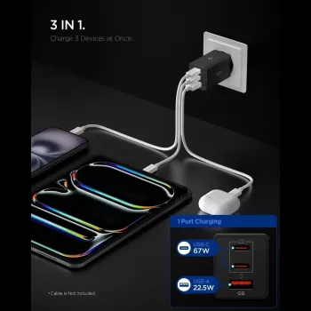 Spigen Essential EE673EU 67W GaN 3-Port USB-C/USB-A Wall Charger Black