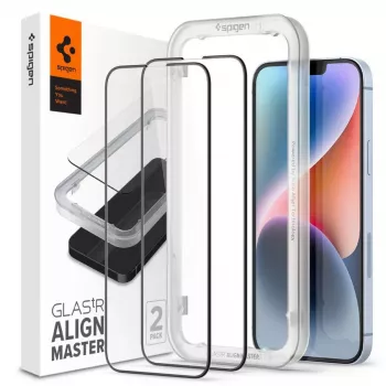 Spigen AlignMaster Glass Full Coverage Screen Protector, Apple iPhone 13/13 Pro/14/16E/17E, juodas (2 vnt.)