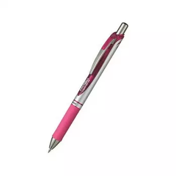 Pentel EnerGel Xm įtraukiamas gelinis rašiklis – rausvas rašalas, rausvas korpusas, sidabrinės detalės, 0,35 mm adatinis antgalis