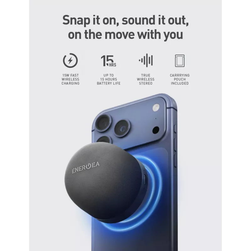 ENERGEA MagAudio Go Plus Qi MagSafe nešiojamas Bluetooth garsiakalbis su dirželiu, Graphite