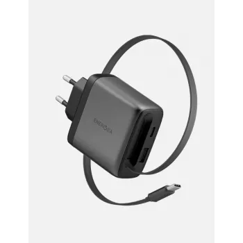 ENERGEA Ampcharge Arc 65W GaN USB-A/USB-C sieninis įkroviklis su įtraukiamu USB-C kabeliu, Gunmetal