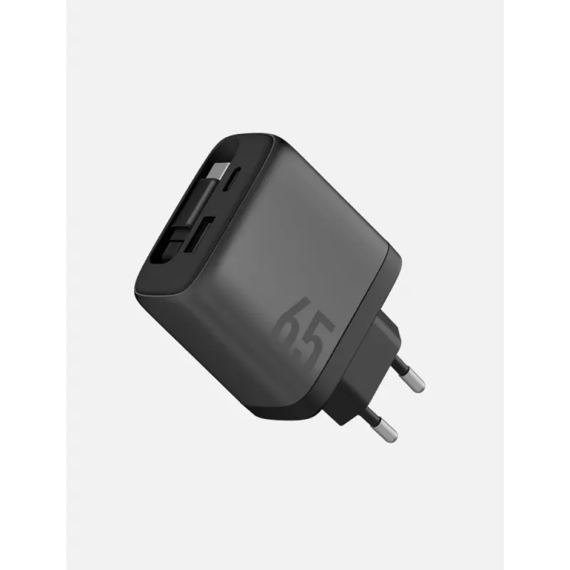 ENERGEA Ampcharge Arc 65W GaN USB-A/USB-C sieninis įkroviklis su įtraukiamu USB-C kabeliu, Gunmetal