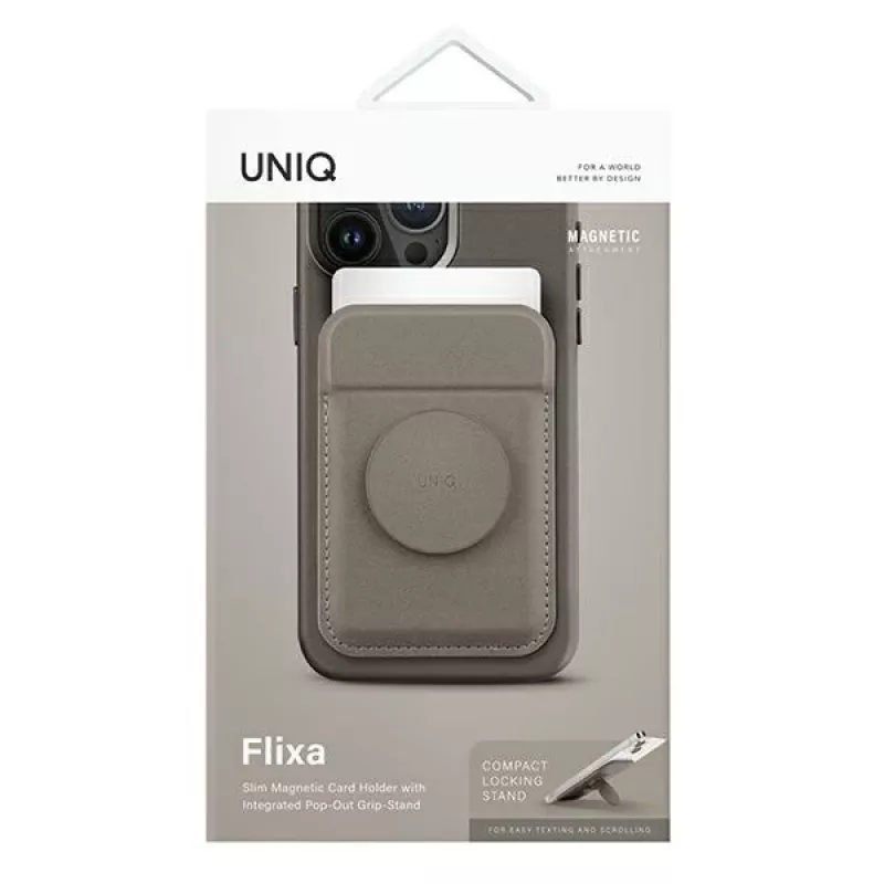 UNIQ Flixa Magnetinė Kortelių Piniginė su Pėdeliu Pilkai Pilka MagSafe