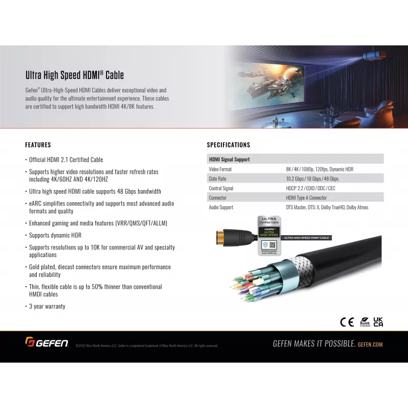 Gefen GEF-CAB-HS-HDMI-15M HDMI 2.1 laidas 15m 48Gbps 8K 4K HDR eARC Juodas