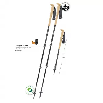 Komperdell Carbon Ultra Zero teleskopinės trekingo lazdos, 3 dalių ypač lengvas anglies pluoštas, Powerlock 3.0, Trek Pro 280 kamštinė rankena