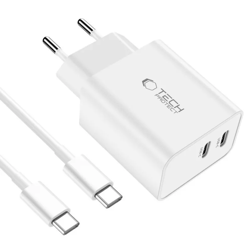 Įkroviklis Tech-Protect C35W, 2-Port USB-C, baltas