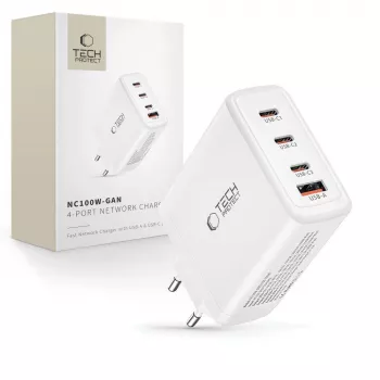 Tech-Protect NC100W-GAN 4-PORT White GaN Wall Charger 100W USB-C USB-A
