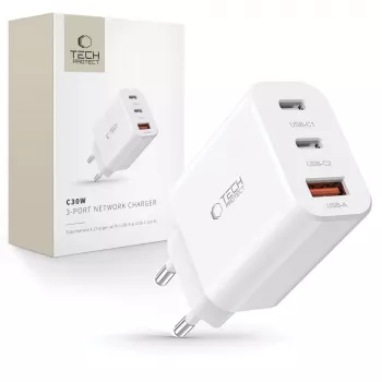 Tech-Protect NC30W 3-Port USB-C & USB-A Wall Charger 30W White