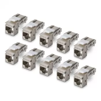 StarTech.com Shielded Cat6a Keystone Jack Module 10-Pack RJ45 Ethernet Female, STP, 90-Degree Angled, Tool-less, Silver, 10GBase-T