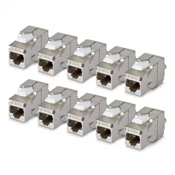 StarTech.com Shielded Cat6a Keystone Jack Module, 10-Pack RJ45 Ethernet Coupler, STP Cat6a Wall Jack, 180 Degree, Tool-less, Flat, Silver