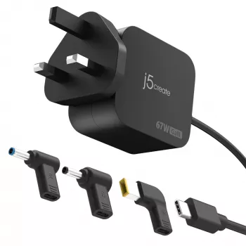 J5CREATE 67W GaN PD USB-C Mini Charger su 3 DC jungtimis