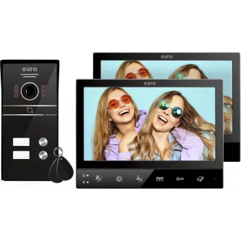 Eura VDP-80C5 Dviejų šeimų vaizdo domofonų sistema, juoda, 2x 7 inch LCD, FHD, 2 įėjimai, 1080p kamera, RFID skaitytuvas, montavimas ant paviršiaus