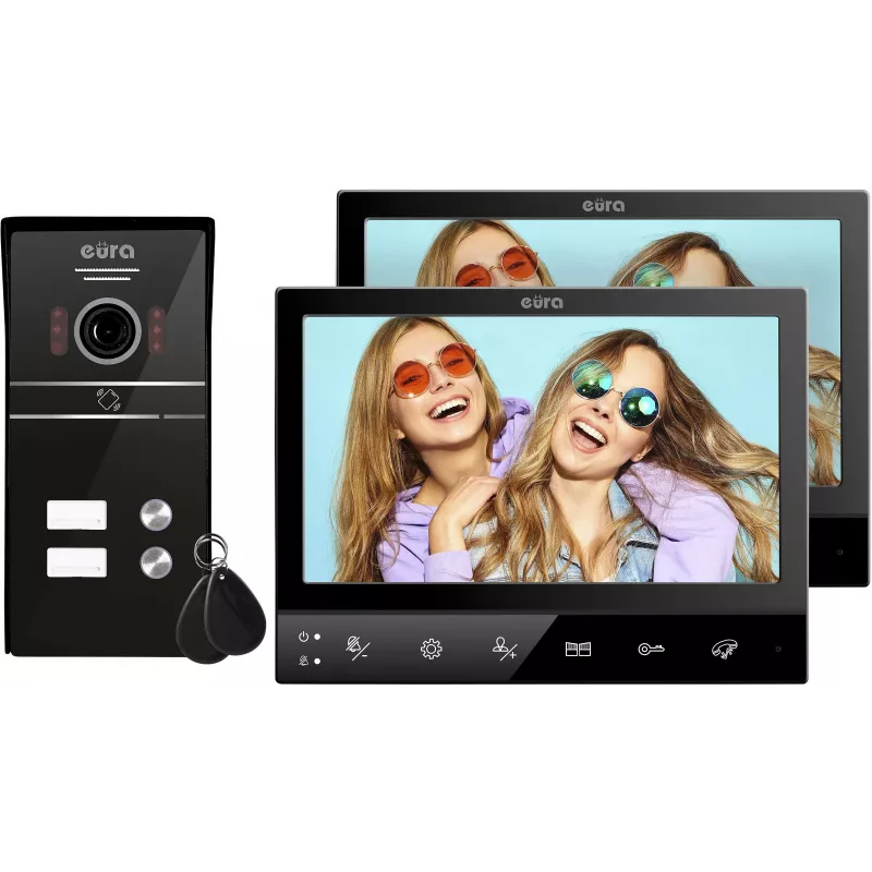 Eura VDP-80C5 Dviejų šeimų vaizdo domofonų sistema, juoda, 2x 7 inch LCD, FHD, 2 įėjimai, 1080p kamera, RFID skaitytuvas, montavimas ant paviršiaus