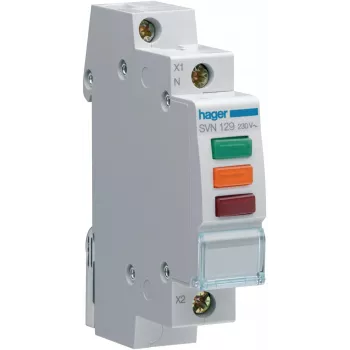 HAGER SVN129 Indikatorinis Šviesos Signalas, 230V AC, 3 x LED Raudona+Žalia+Oranžinė, Bėgelis DIN