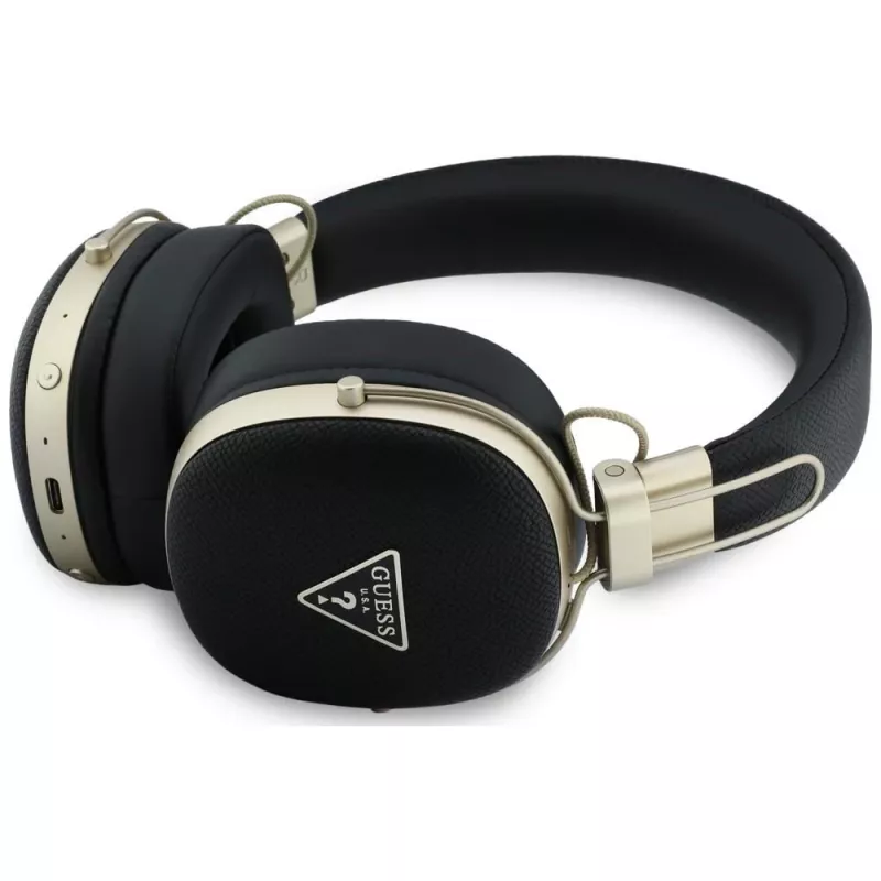 Guess „Over-Ear“ belaidės Bluetooth ausinės su ENC, metalinis trikampis logotipas, juodos