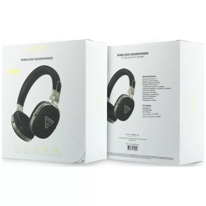 Guess „Over-Ear“ belaidės Bluetooth ausinės su ENC, metalinis trikampis logotipas, juodos