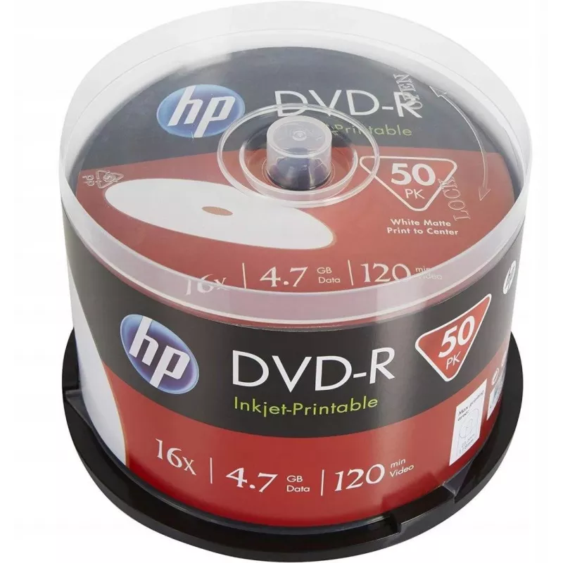 Verbatim HP Inkjet-Printable DVD-R verpstė (50 diskų) – 16x, 4,7 GB, AZO dažai, balta spausdinama danga