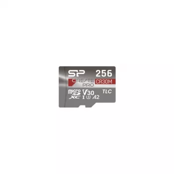 Silicon Power CreatePro CR30M 256 GB microSDXC atminties kortelė su SD adapteriu, UHS-I U3, V30, A2, 10 klasė, iki 170 MB/s skaitymas