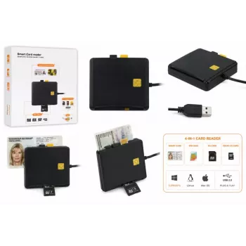 iLike 4-in-1 USB Smart Card Reader su SIM, SD ir Micro SD palaikymu, CAC skaitytuvas ID kortelėms, banko kortelėms, eID ir atminties kortelėms, juoda