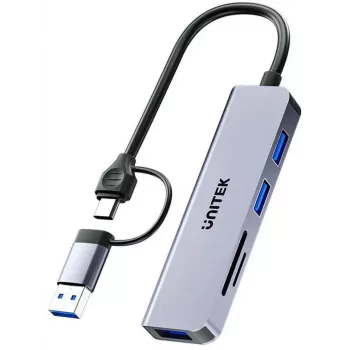 UNITEK 5-in-1 USB-C Hub su SD ir MicroSD kortelių skaitytuvu, 5 Gbps, Space Grey