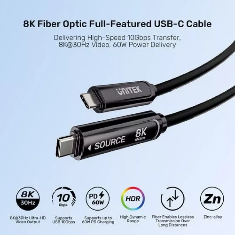 UNITEK USB-C Active Optical Cable 5m - 10Gbps, PD 60W, 8K@30Hz, Juoda