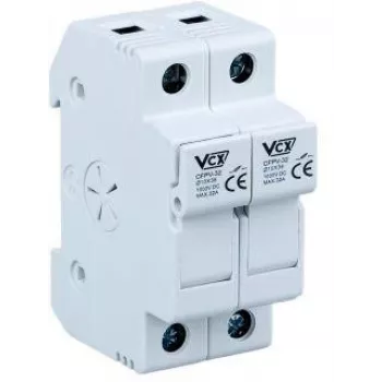 VCX CF PV32 2P Dviejų polių saugiklio lizdas 32A 1000V DC 10x38mm saugikliams, montuojamas ant DIN bėgelio, su varžtiniais gnybtais, fotovoltinėms sistemoms