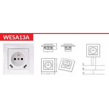 VCX WESA LC 13A kištukinis lizdas su USB įkrovikliu baltas