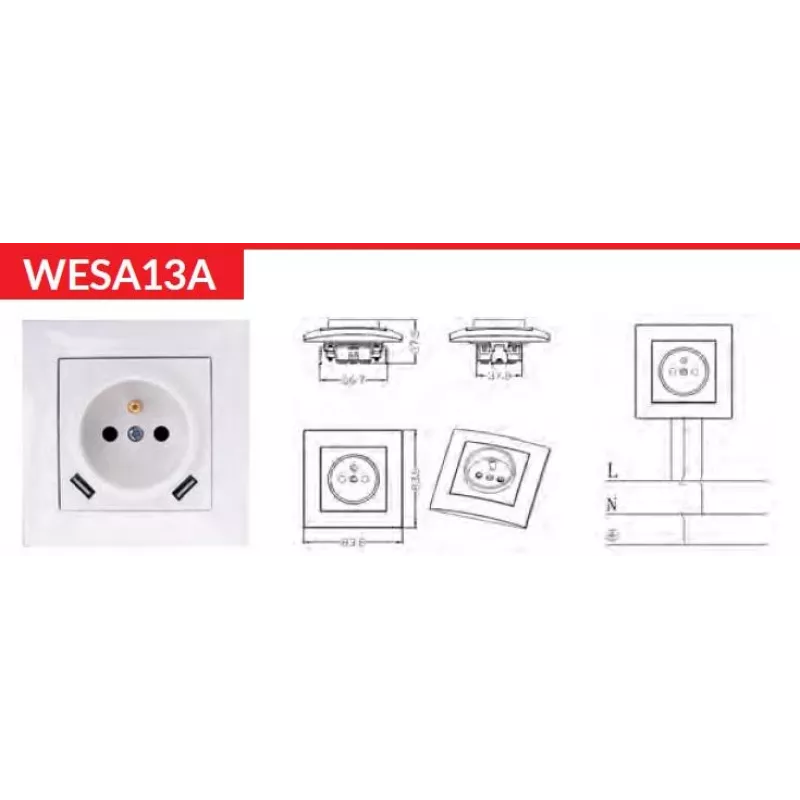 VCX WESA LC 13A kištukinis lizdas su USB įkrovikliu baltas