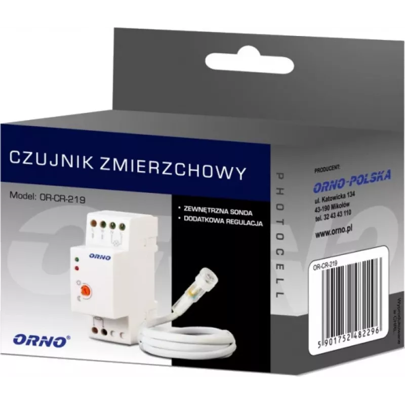 ORNO OR-CR-219 DIN bėgio prietemų jutiklis su išoriniu fotoelementu, 230V AC, 10A, 2-100 liuksų