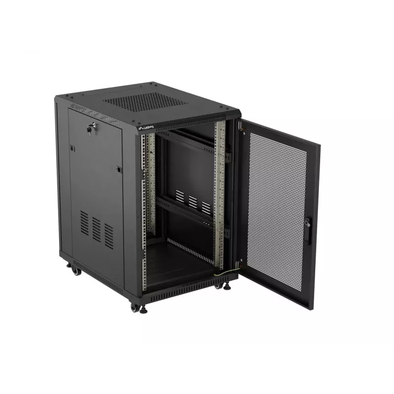 Lanberg 19 colių 18U 600x800 mm juodas ant grindų montuojamas stelažo korpusas su perforuotomis durimis (plokščias paketas)