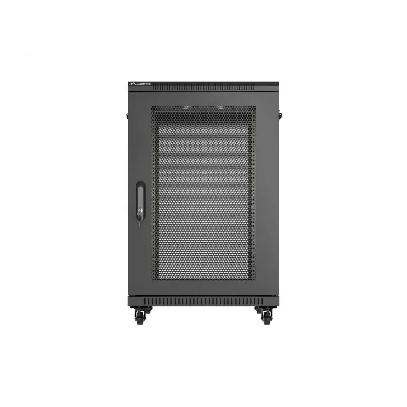 Lanberg 19 colių 18U 600x800 mm juodas ant grindų montuojamas stelažo korpusas su perforuotomis durimis (plokščias paketas)
