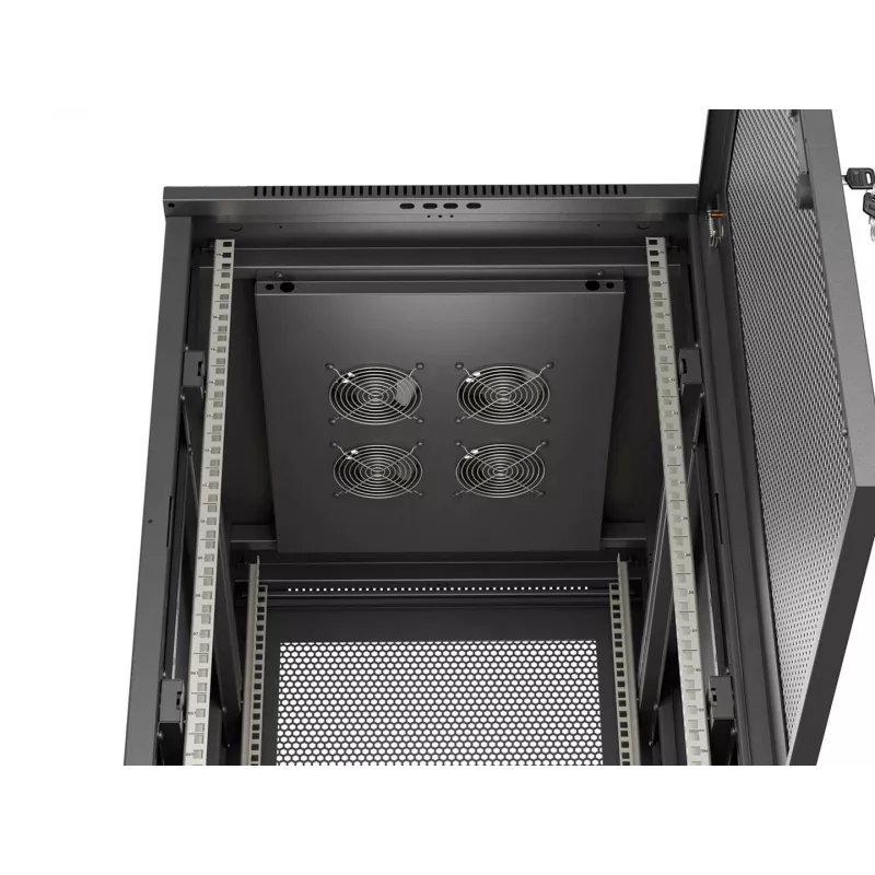 Lanberg 19 colių 18U 600x800 mm juodas ant grindų montuojamas stelažo korpusas su perforuotomis durimis (plokščias paketas)