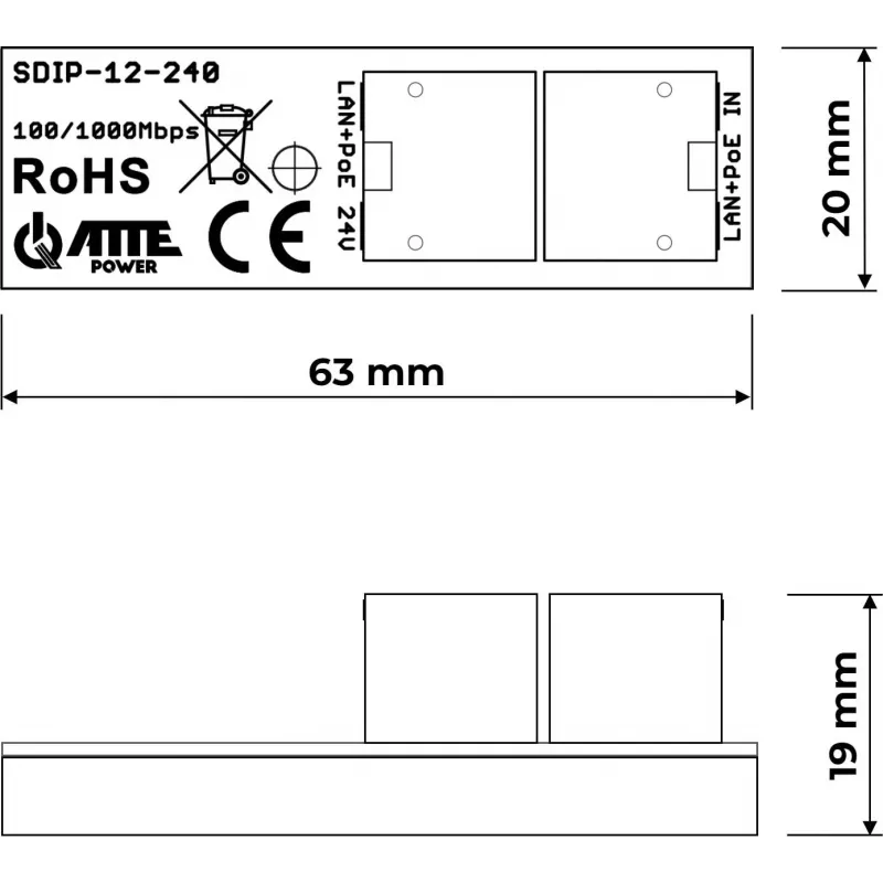 ATTE SDIP-12-240 PoE+ adapter 30W DIN Rail Gigabit