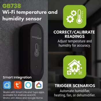 GRB GREENBLUE GB741 lauko WiFi temperatūros ir drėgmės jutiklis, Android/iOS, 3.0V DC, 2xAAA, IP65