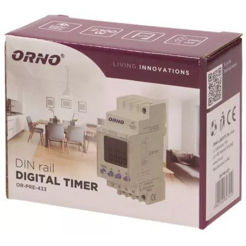 ORNO OR-PRE-433 elektroninis savaitinis laikmatis, DIN bėgelis, 16A/3680W, 16 programų, 230V