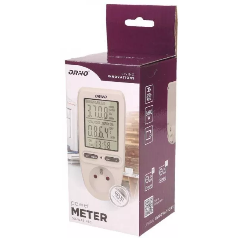 ORNO OR-WAT-435 Skaitmeninis energijos matuoklis su LCD ekranu, 230V, 16A, 3680W, F tipo kištukas