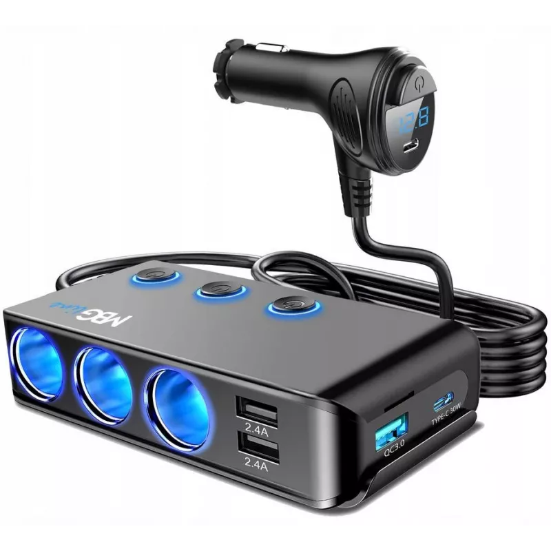 MBG Line HC67C Dvigubas automobilinis kištukas su 3 USB-A prievadais, 120W, juodas