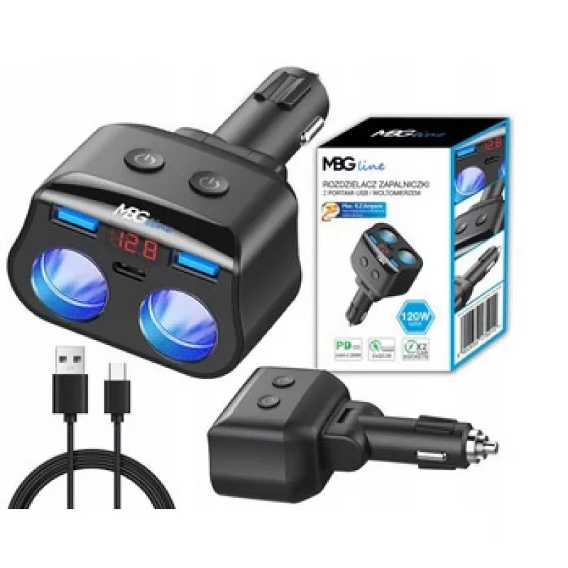MBG Line HC69PD 3 krypčių automobilinis kištukas su 2x USB-C PD 30W ir 2x USB-A QC 3.0, LED įtampos indikatoriumi, 180W